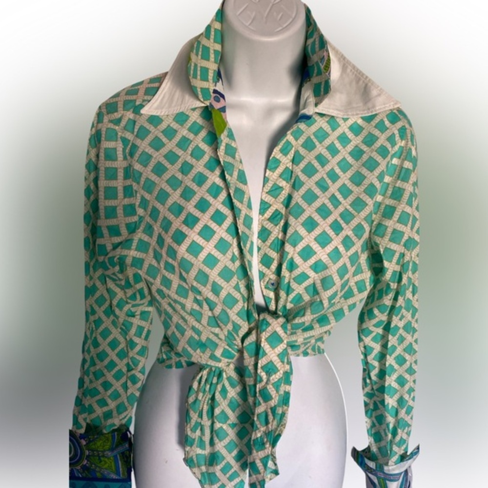 Tizzie Green white Lattice Top-M green white French cuffs , cotton